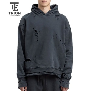 เสื้อฮู้ดดี้ผู้ชายผ้าแห้งเร็วระบายอากาศได้ดี สีพื้น แต่งดีเทลขาดๆ แบบสั่งทำพิเศษสำหรับผู้ชาย - Product Image 1