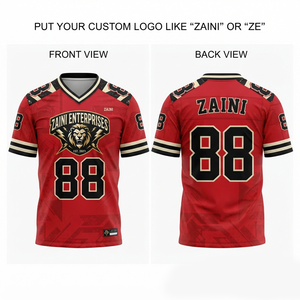 Maillot de football américain pour hommes, 180 GSM, maille polyester premium, design à panneaux rouge, noir et or, impression par sublimation personnalisée, tenue d'équipe - Product Image 1