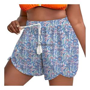 Shorts d'été pour femme en coton imprimé au bloc, avec cordon de serrage en corde, style décontracté - Product Image 2