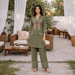 Women's Olive Green Embroidered <b>Linen</b> Cotton Kurta <b>Set</b> Three Quarter Sleeve Floral Design Casual Spring Summer Outfit - Product Image 4