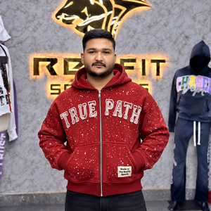 Sweat-shirt unisexe personnalisé à fermeture éclair avec capuche, applique en strass, poche kangourou, style streetwear pour l'hiver, OEM - Product Image 1
