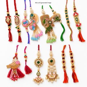 Ensemble Rakhi et Lumba pour Bhai Bhabhi, Rakhi artisanal en perles Kundan, combo pour Raksha Bandhan, ensemble cadeau Rakhi traditionnel de designer - Product Image 1
