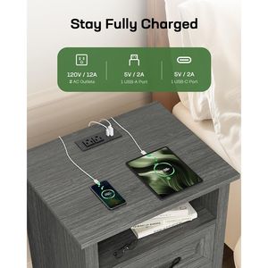 Table de chevet de style farmhouse avec station de charge, 2 tiroirs et étagère ouverte, dotée des fonctionnalités de table de chevet - Product Image 4