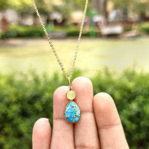 Hypoallergenic necklace prehnite chalcedony <b>with</b> mohave blue copper turquoise bezel set pendant 18k gold plated brass necklace - Product Image 6