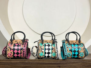 New Personalized Handmade Mini Speedy Bag Floral Hand Tooled Leather Black & White Checkered Leather Duffle Handbag for Women's - Product Image 4