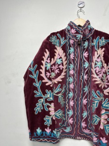 Maaunique Velvet Suzani Hand Embroidered Floral Winter Quick <b>Dry</b> 100% Cotton <b>Coat</b> Women Indian Style Handmade Uzbek Festival - Product Image 4