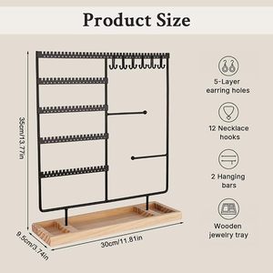 Organizador de Joyas con Soporte de Madera, Expositor Multicapa para Pendientes y Collares con Ganchos, Bandeja de Almacenamiento para Anillos y Relojes - Product Image 2