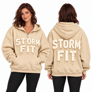 Sudadera con capucha beige para mujer, media cremallera, ajuste Storm Fit, aplique de letras, hombros caídos, bolsillo canguro, forro polar casual, estilo urbano, cortavientos - Product Image 1