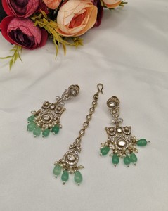 Conjunto de Joyería Polki Kundan con Cuentas Verde Pastel, 3 Piezas, Joyería Étnica para Mujer, para Bodas y Fiestas, Venta al por Mayor, Joyería Tradicional India para Novias - Product Image 2