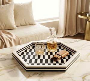 Geometric Hexagonal Checkerboard Resin Inlay MDF Natural Crafts Arabic serving trays Modern Home Decor Durable Serving Tray - Product Image 4