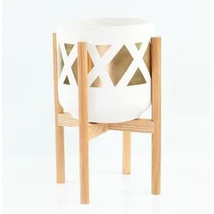 Minimalist White Ceramic Flower <b>Pot</b> with Geometric Pattern and Wooden Stand <b>for</b> Indoor Plants Desktop Use - Product Image 5