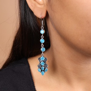Pendientes Largos de Latón con Piedra Azul, Estilo Boho Tribal, a la Moda |   Pendientes Colgantes Étnicos Plateados Antiguos al por Mayor para Mujer - Product Image 3