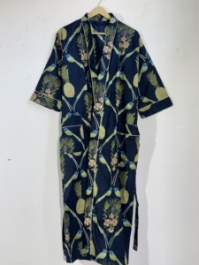 Bata Kimono de Algodón Estampada Azul Oscuro |   Bata Larga con Estampado Floral de Aves |   Ropa Casual para Mujer - Product Image 4