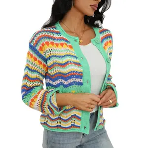 China Manufacturer striped cardigan European American new rainbow patchwork color knitted sweater women's hollowed out cardigan