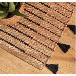 Handcrafted Jute Area Rug Striped Pattern Black Tassels Bohemian Style Flat Weave Rectangle Living Room Decor - Product Image 4