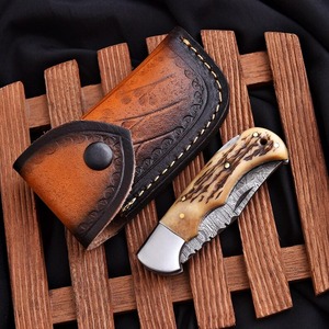 Cuchillo Plegable de Acero de Damasco Hecho a Mano, Modelo FH-160 de Viking Art, con Mango de Cuerno de Ciervo, para Caza, Deportes al Aire Libre y Camping - Product Image 6