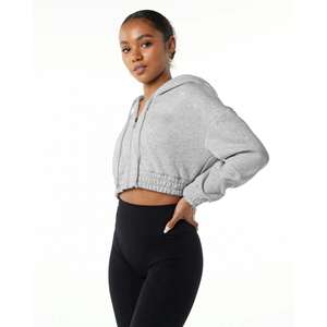 Sweat à capuche zippé gris clair pour femme, coupe courte, manches longues, style streetwear décontracté, en polaire non tissée, avec logo imprimé sur le devant - Product Image 3