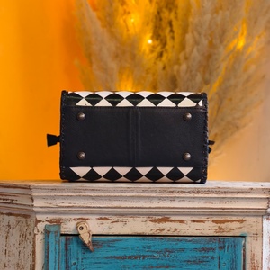 Hand-Tooled Genuine Leather Speedy Duffel <b>Bag</b> Black & <b>White</b> Checkered Pattern <b>Small</b> Travel Crossbody Shoulder Handbags for Women - Product Image 2