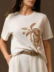 T-shirt en jersey de coton beige pour femme, manches courtes, orné de perles et de strass en forme de palmier, haut décontracté d'été à col rond pour femme - Product Image 5