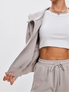 Unisex Light Grey Hooded Windproof 2 in 1 <b>Zip</b>-<b>Up</b> <b>Jacket</b> Loose Sweatpants Set Casual Full Length Solid Color Winter Wear - Product Image 3