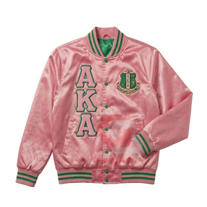 Blouson universitaire rose-vert en satin, style bomber, pour femme, brodé, vêtement grec universitaire, style universitaire, pour sororité - Product Image 6