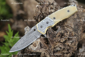 UA Supplies Industrial Grade Damascus Steel Folding <b>Knife</b> Clip Point Blade Thumb Knob Other <b>Handle</b> 7.5 Inches Overall Length - Product Image 4