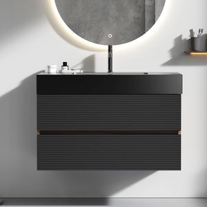 Mobile bagno Grace da 36 pollici in noce con lavabo in quarzo nero opaco, cassetti neri opachi, design sospeso a parete - Product Image 2