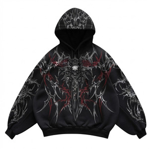 Sweat-shirt à capuche noir pour homme, imprimé crâne gothique, surdimensionné, avec poche, pour l'automne - Product Image 1