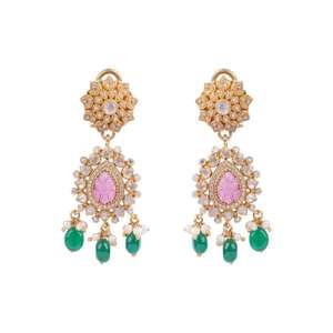 Lámparas de Araña Florales de Plata de Ley 925 con Gema Rosa Gajaah, Piedra Tallada Anika y Cuentas de Esmeralda, Perlas Verdes, Decoración Étnica - Product Image 2