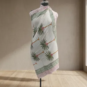 White Palm Tree Hand Block Printed Cotton <b>Sarong</b> Scarf with Green Pink Border Lightweight Beach Wrap Stole for Women - Product Image 6