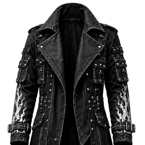 Abrigo Largo de Cuero Gótico para Hombre, Chaqueta de Motero con Estampado de Calavera y Llamas Plateadas, Disfraz Steampunk para Halloween, ¡Gran Oferta! - Product Image 4