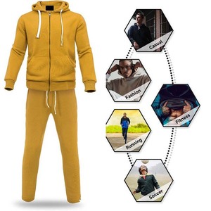 Survêtement à capuche jaune moutarde pour homme, fermeture éclair intégrale, couleur unie, coupe décontractée, avec poches latérales, vêtement d'automne, 100% coton - Product Image 1