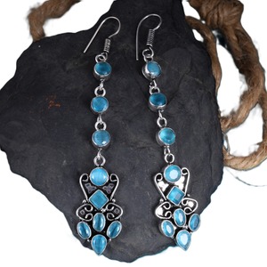 Pendientes Largos de Latón con Piedra Azul, Estilo Boho Tribal, a la Moda |   Pendientes Colgantes Étnicos Plateados Antiguos al por Mayor para Mujer - Product Image 2