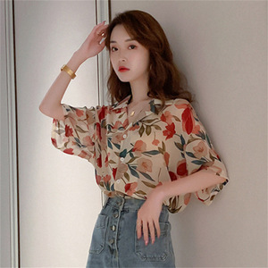 Blusa de Poliéster Transpirable para Mujer, Estampado Floral, Manga Larga, Cuello con Botones, Corte Recto, para Todas las Temporadas - Product Image 4