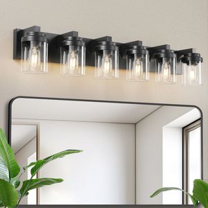 Lampada da Bagno Moderna a 6 Luci, Illuminazione per Vanità Nera con Paralume in Vetro Trasparente, Apparecchio Luminoso a 6 Luci per Bagno - Product Image 1