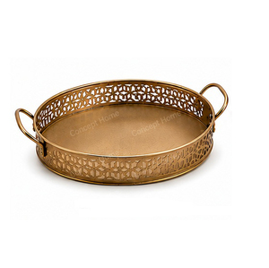 Round <b>Black</b> Metal Sustainable Eco-Friendly Handmade Elegant Serving <b>Tray</b> with Geometric Pattern and Handles for Residential Use - Product Image 5