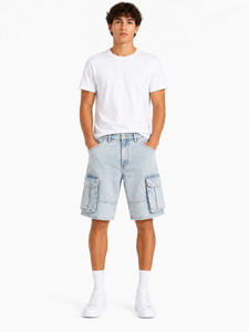 Shorts cargo en denim bleu clair pour hommes, coupe décontractée, style utilitaire, décontracté, pour l'été, multi-poches, streetwear, délavé - Product Image 2