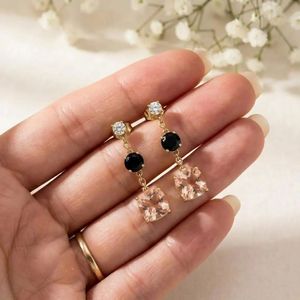 Morganite Cushion Cut & Black Obsidian Round Faceted Drop <b>Earrings</b> With CZ Accent Elegant Minimalist Fine <b>Stud</b> Gemstone <b>Earring</b> - Product Image 5