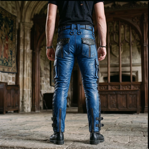 Pantalon moto en cuir bleu pour homme, taille haute, plusieurs poches, fermeture éclair, style motard, vêtements d'hiver - Product Image 3
