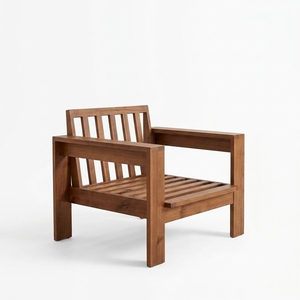 Fauteuil de salon en teck massif, chaise d'appoint à lattes, fauteuil de relaxation individuel artisanal, meuble en bois - Product Image 1