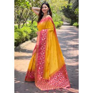 Sari Elegante de Seda Amarilla con Bordado Floral Étnico de ELITE WEAVES para Mujer, Ideal para Bodas/Fiestas de Invierno/Verano - Product Image 1