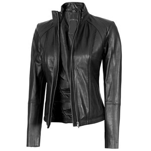 Custom Slim Fit Women’s Black Genuine Lambskin Leather Cafe Racer <b>Jacket</b> Vintage Biker Style Moto Coat with Stand Collar - Product Image 1
