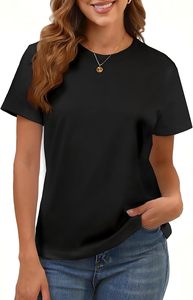 Camiseta de algodón para mujer, cuello redondo, manga corta, corte regular, color negro, informal, transpirable, para todas las temporadas - Product Image 2