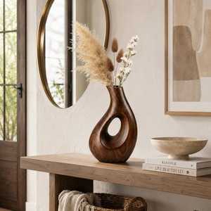 Modern Wooden Tabletop <b>Vase</b> with <b>Unique</b> Hole Design Entryway Teak Handmade Decorative <b>Vase</b> for Home Garden Dried Flowers Decor - Product Image 1