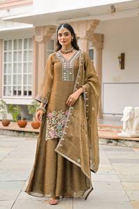 Conjunto de Salwar Kameez de Seda Roja Bordada, Corte Holgado y Largo hasta el Suelo, para Mujer, con Túnica Palazzo, Borde de Encaje y Dupatta, Vestido para Bodas y Fiestas - Product Image 4