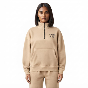 Sweat-shirt tendance beige pour femme, épais, à col montant semi-zippé, coupe oversize, épaules tombantes, couleur unie - Product Image 5