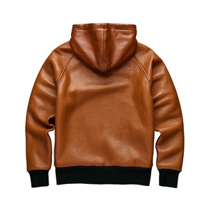 <b>Men's</b> <b>Brown</b> Leather Hooded Sweatshirt Solid Color Knitted Casual Pullover Front Pocket Autumn Wear - Product Image 2