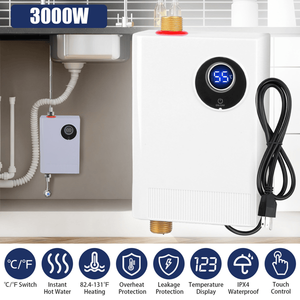 Chauffe-eau électrique instantané sans réservoir 3000W avec écran LCD, étanche IPX4, avec interrupteur 82,4-131 degrés F/°C - Product Image 1