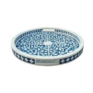 Large Handcrafted Wood Inlay Modern Abstract Pattern Wedding Round Decorative Tray with Integrated Handles - Product Image 1
