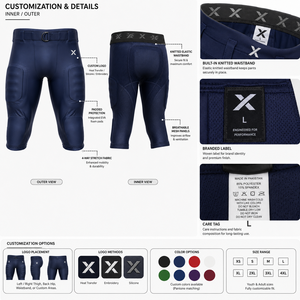 Pantalon de football rembourré pour homme, coupe ajustée, spandex, polyester, fermeture à ceinture, bleu marine uni, vêtements de football américain, adulte, toutes saisons - Product Image 5